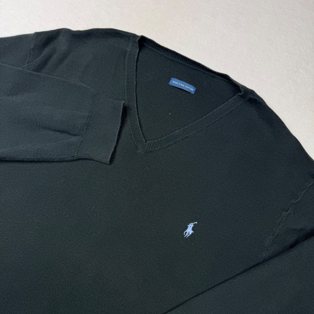 Polo Ralph Lauren Mens Sweater XL V-Neck Black Blue Pony 100% Pima‎ Cotton